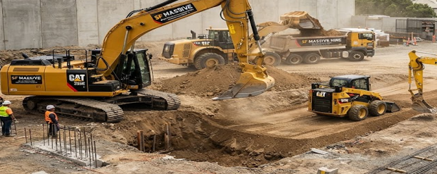 Earthmoving equipment at a project site